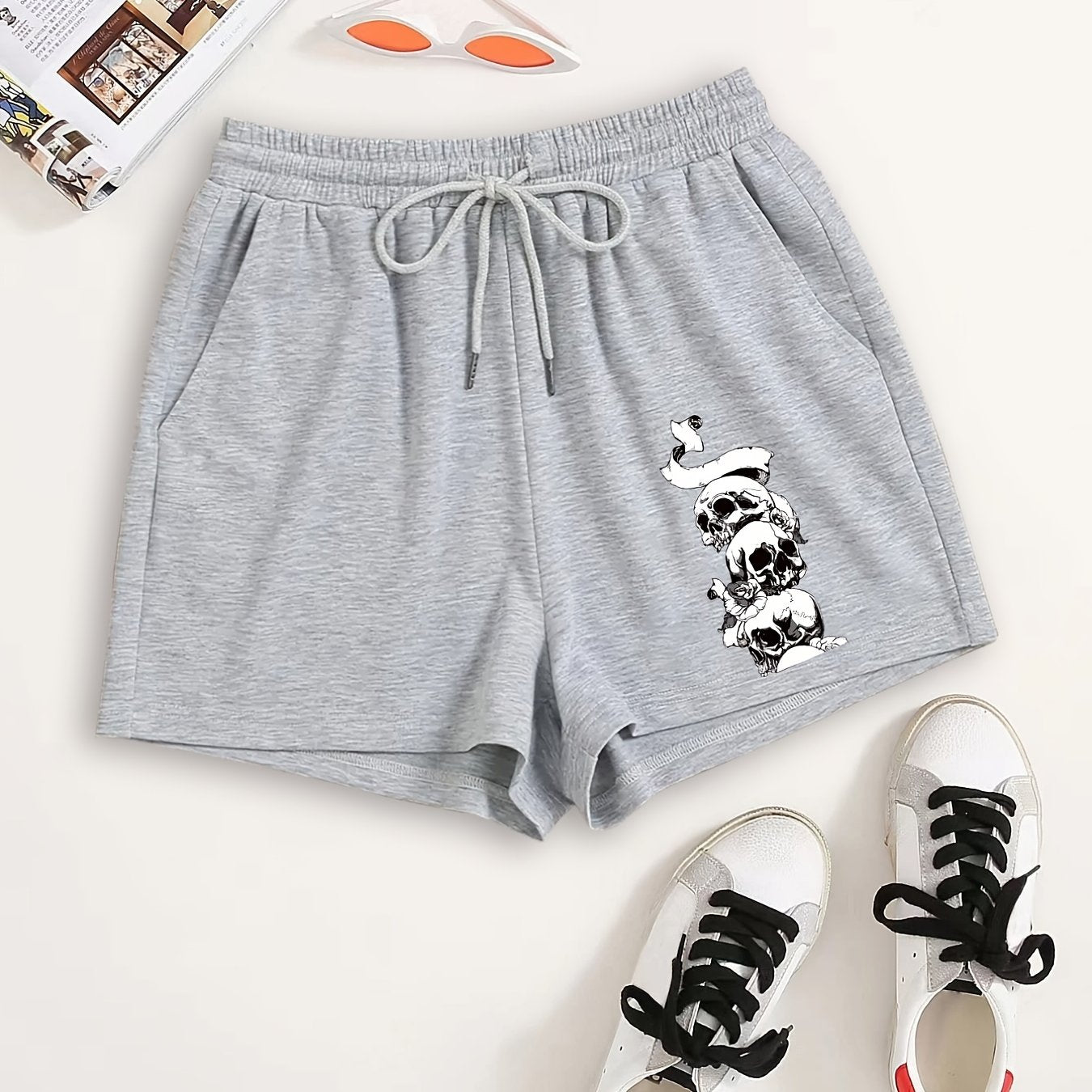 Skull Print Elastic Drawstring Shorts Y2K Sports Loose High Waist