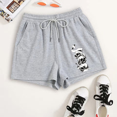 Skull Print Elastic Drawstring Shorts Y2K Sports Loose High Waist