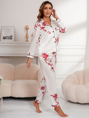 Floral Print Pajama Set Long Sleeve Buttons Top & Elastic Waistband Pants