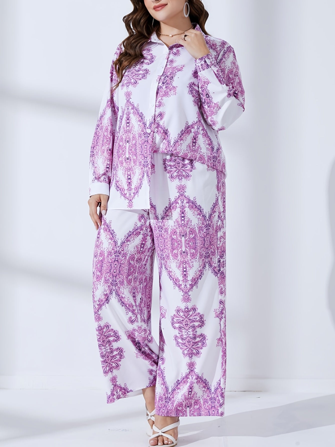 Women's Plus Damask Print Long Sleeve Button Up Shirt & Wide Leg Pants Set