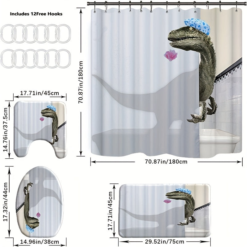Dinosaur Pattern Shower Curtain Mat Set Waterproof 4pcs