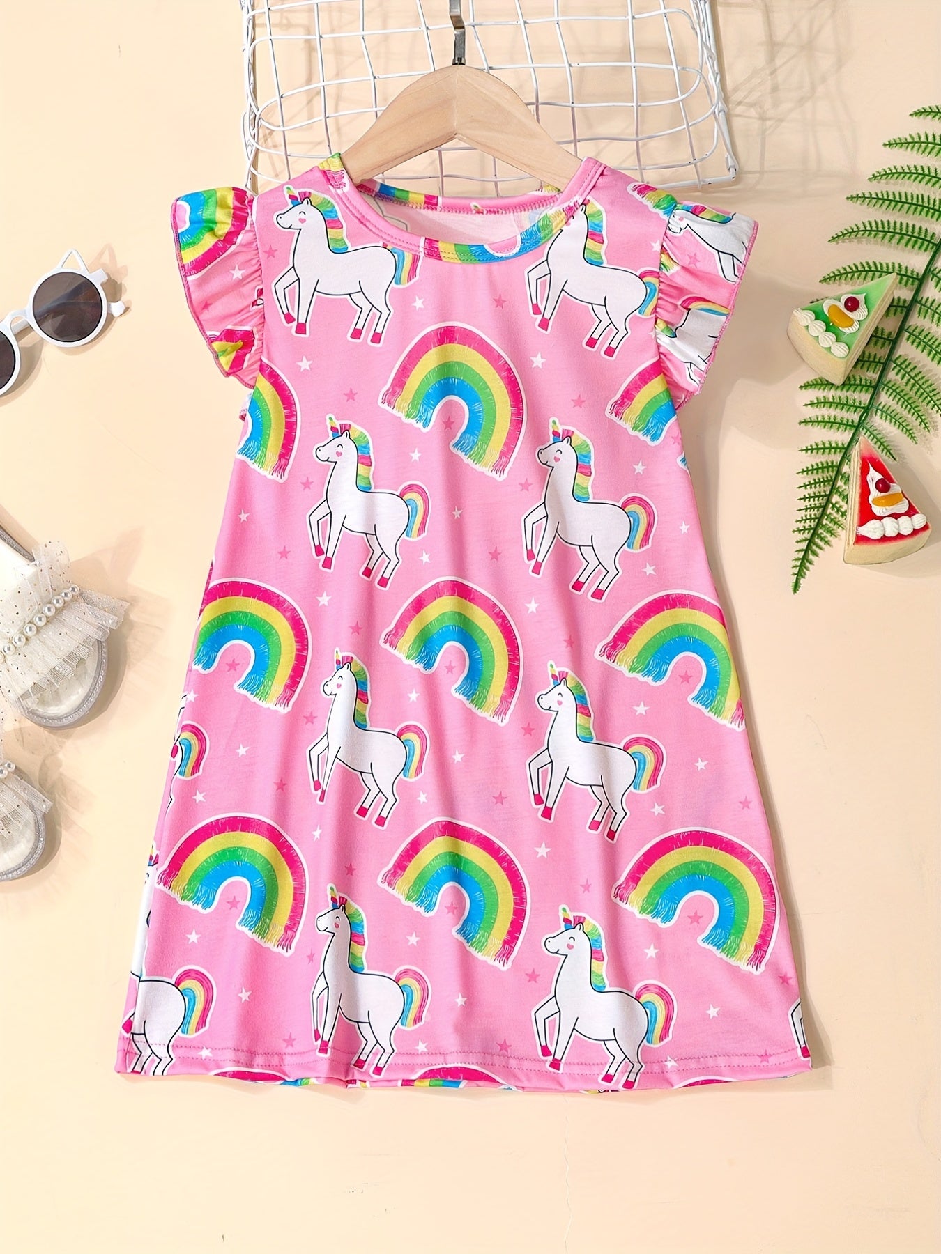 Toddler Girls Rainbow Unicorn Ruffle Trim Dress