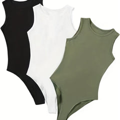 3 Pack Crew Neck Bodysuit Set Solid Sleeveless