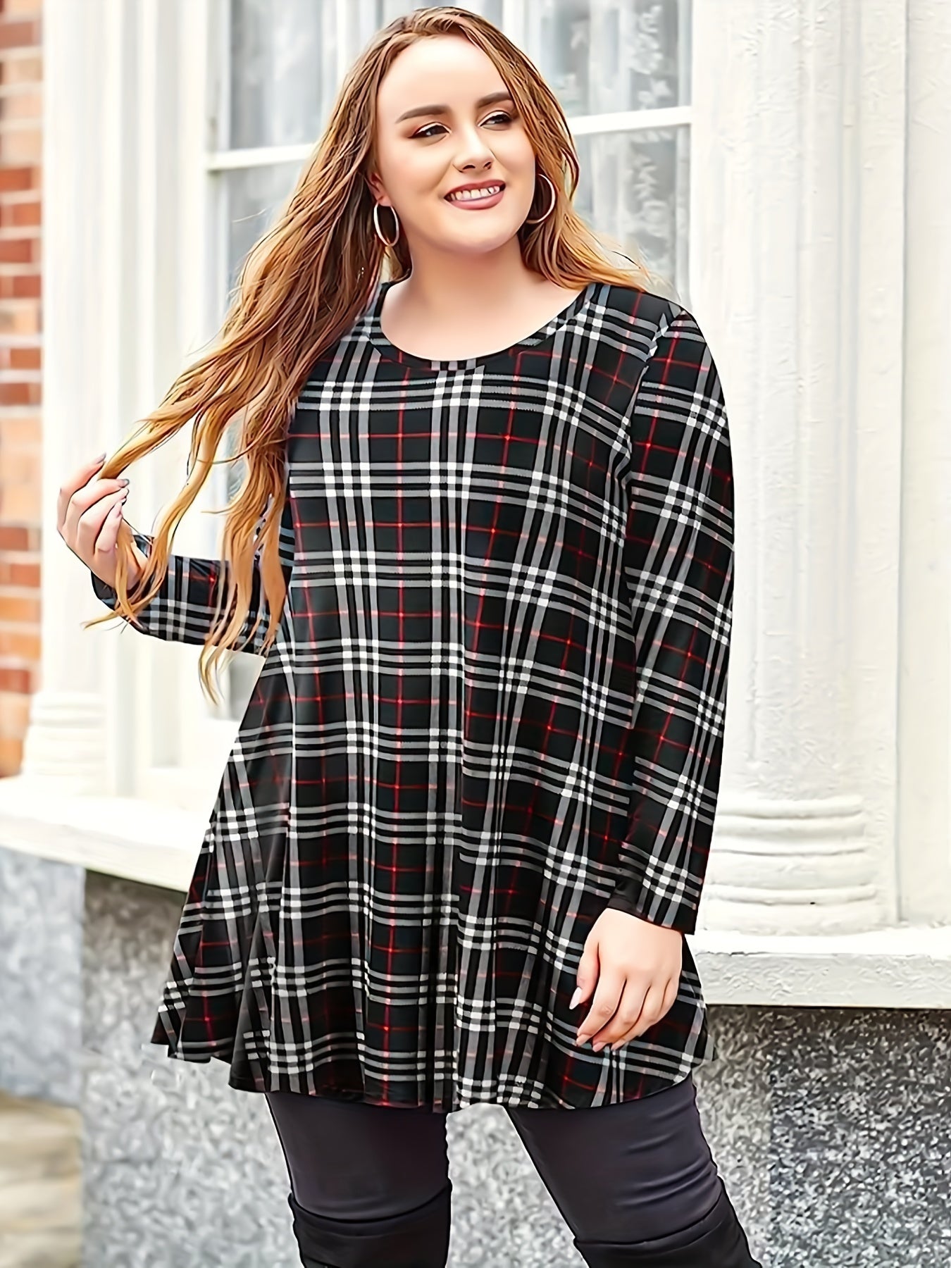 Women's Plaid Print Long Sleeve A Line Mini Dress