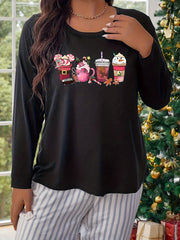 Snowman Drinks Print Lounge Top Long Sleeve Round Neck Pajama Top