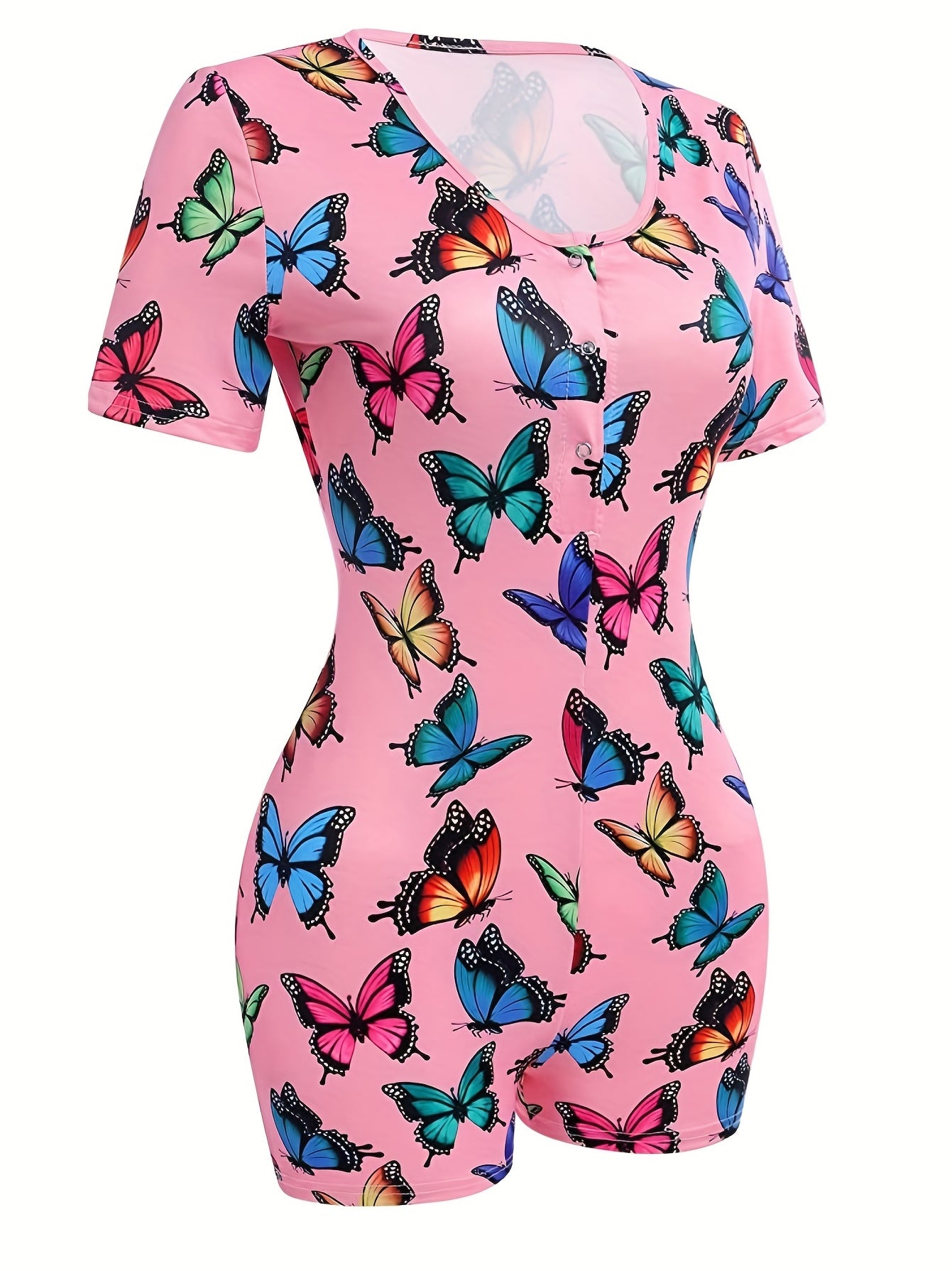 Butterfly Pattern Lounge Romper Sexy Short Sleeve Buttons Romper
