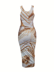Marble Print Drawstring Dress Ruched Sleeveless Tank