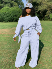 Slanted Shoulder Long Sleeve Tops & Drawstring Pants Set