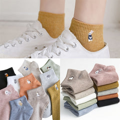 10 Pairs Women Cotton Socks Animal Embroidered Ankle Low Cut Boat Socks