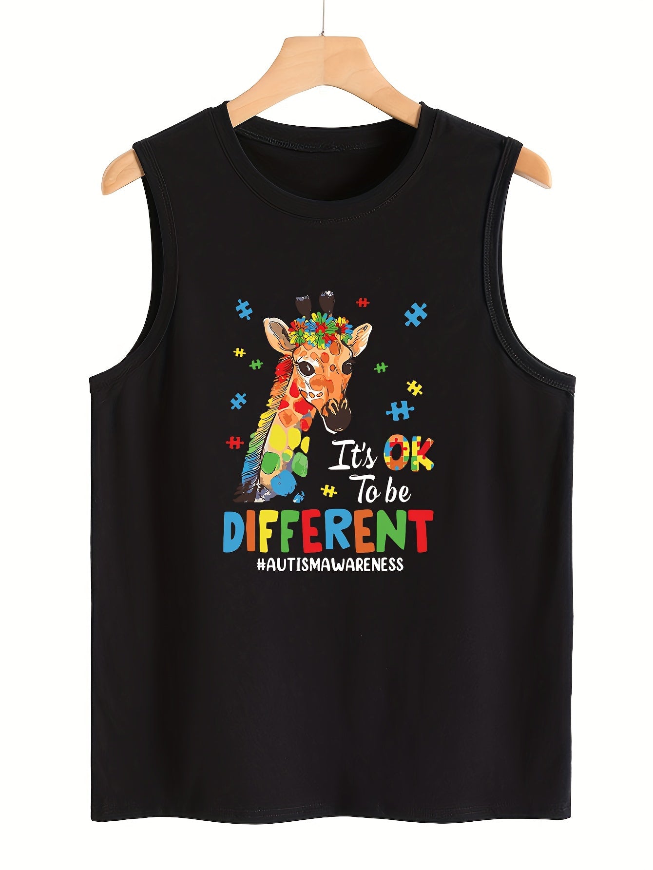 Giraffe & Letter Print Sleeveless Sports Vest Round Neck Stretchy Casual Tops