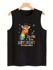 Giraffe & Letter Print Sleeveless Sports Vest Round Neck Stretchy Casual Tops