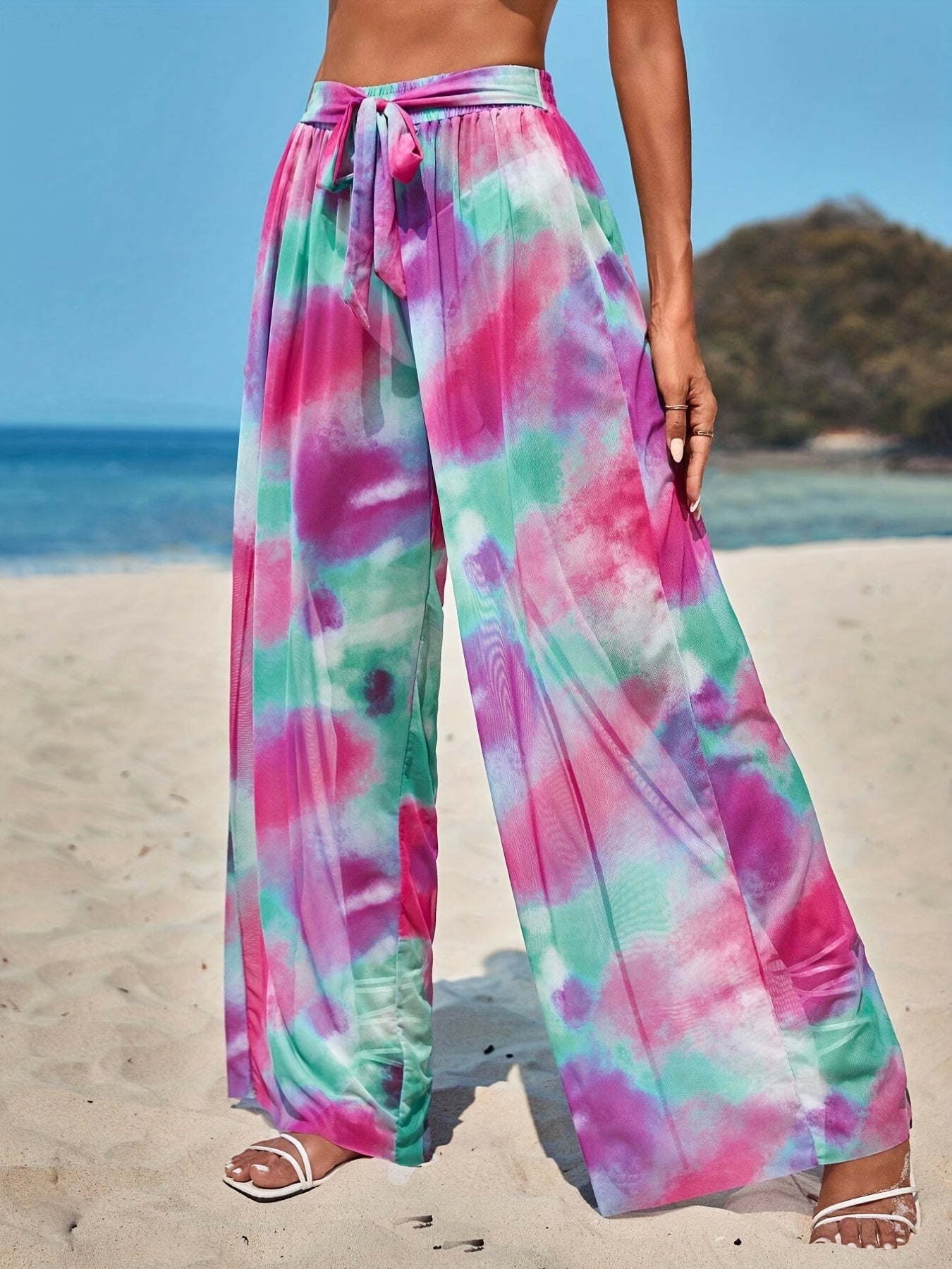 Print Cover Up Pants Wide Legs Semi Sheer Beachwear Trousers