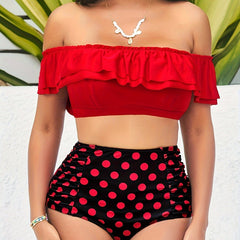 Off Shoulder Ruffle Crop Top & Polka Dot Panty Swimsuit Set