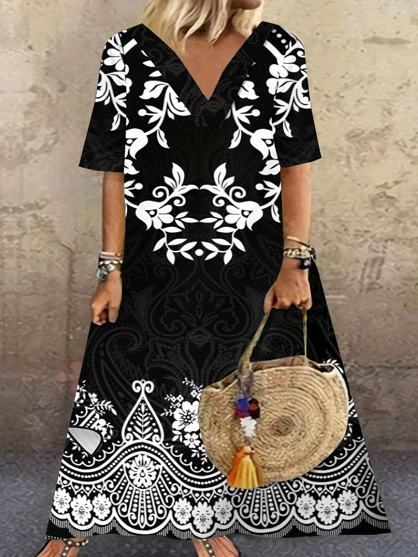 Floral Print V Neck Maxi Dress