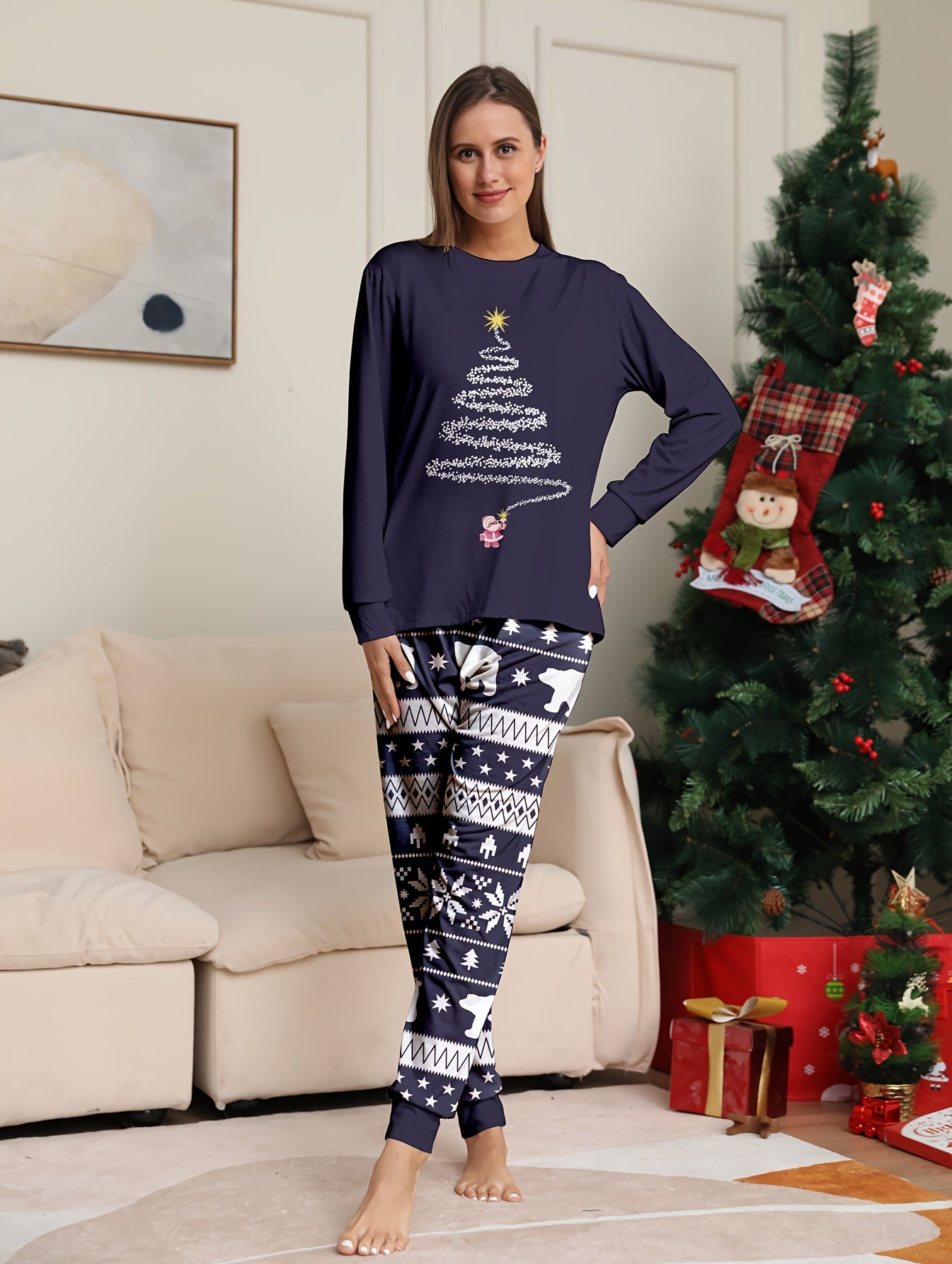 Christmas Print Pajama Set Long Sleeve Top & Pants