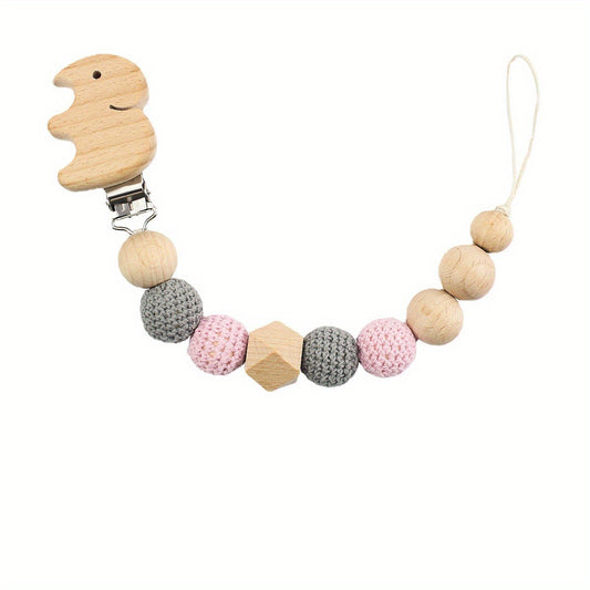 Baby Pacifier Chain Elephant Wooden Pacifier Clip Geometric Crochet Beads