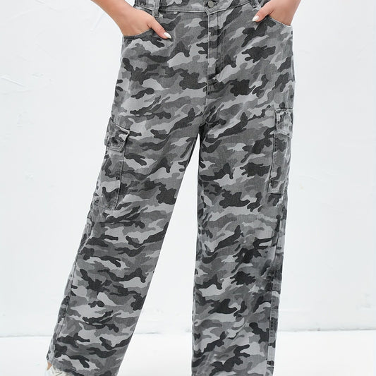 Camo Print High Rise Wide Leg Cargo Jeans