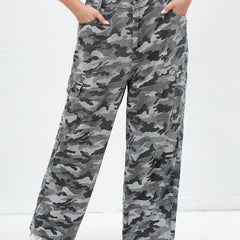 Camo Print High Rise Wide Leg Cargo Jeans