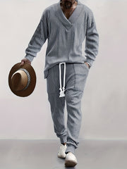 Men's Jacquard V-Neck Sweatshirt & Drawstring Sweatpants Set