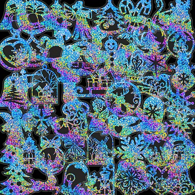 50pcs Laser Merry Christmas Stickers Bright Holographic PET Streamer Stickers