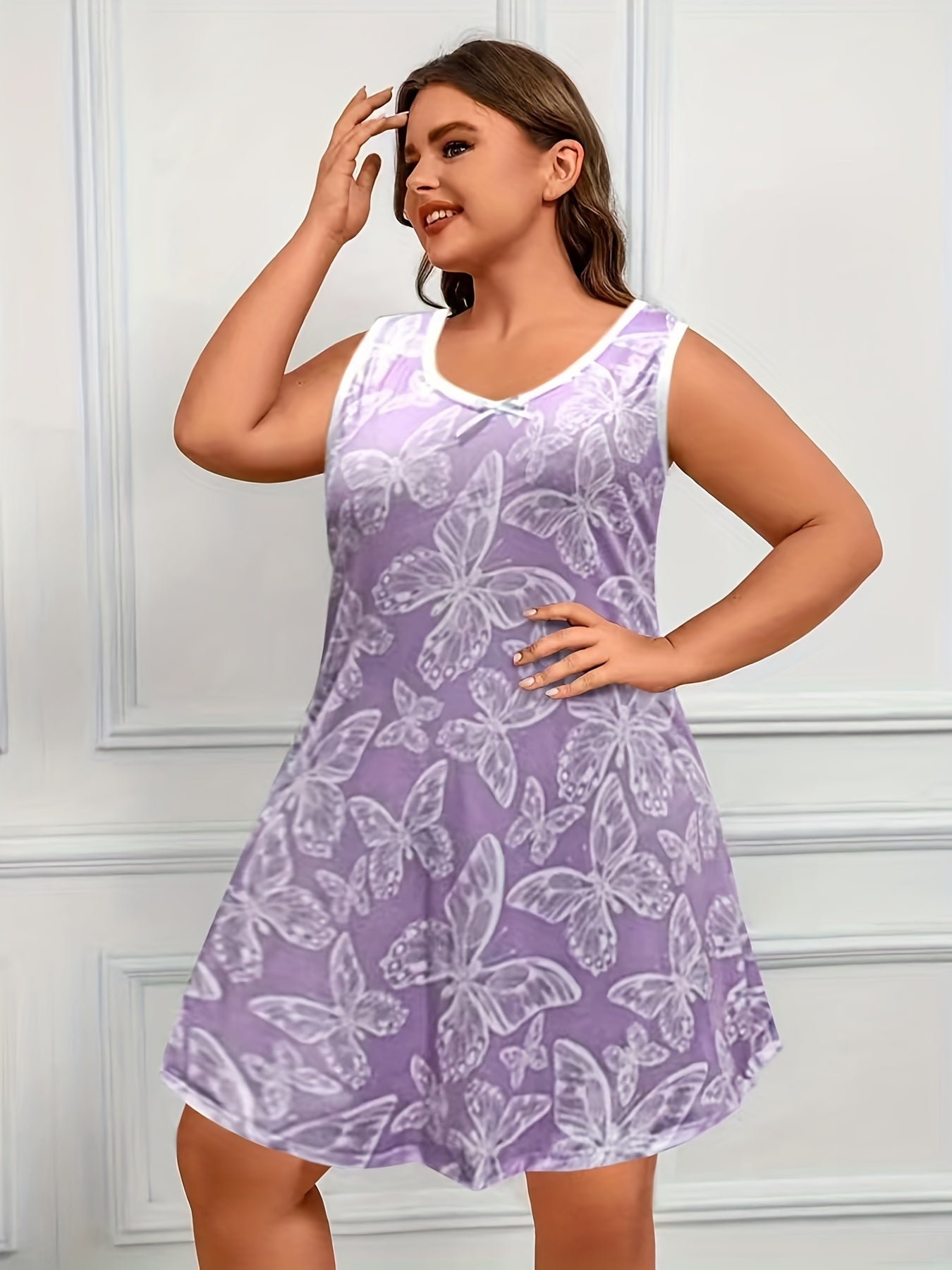 Butterfly Print V Neck Bow Tank Sleep Dress