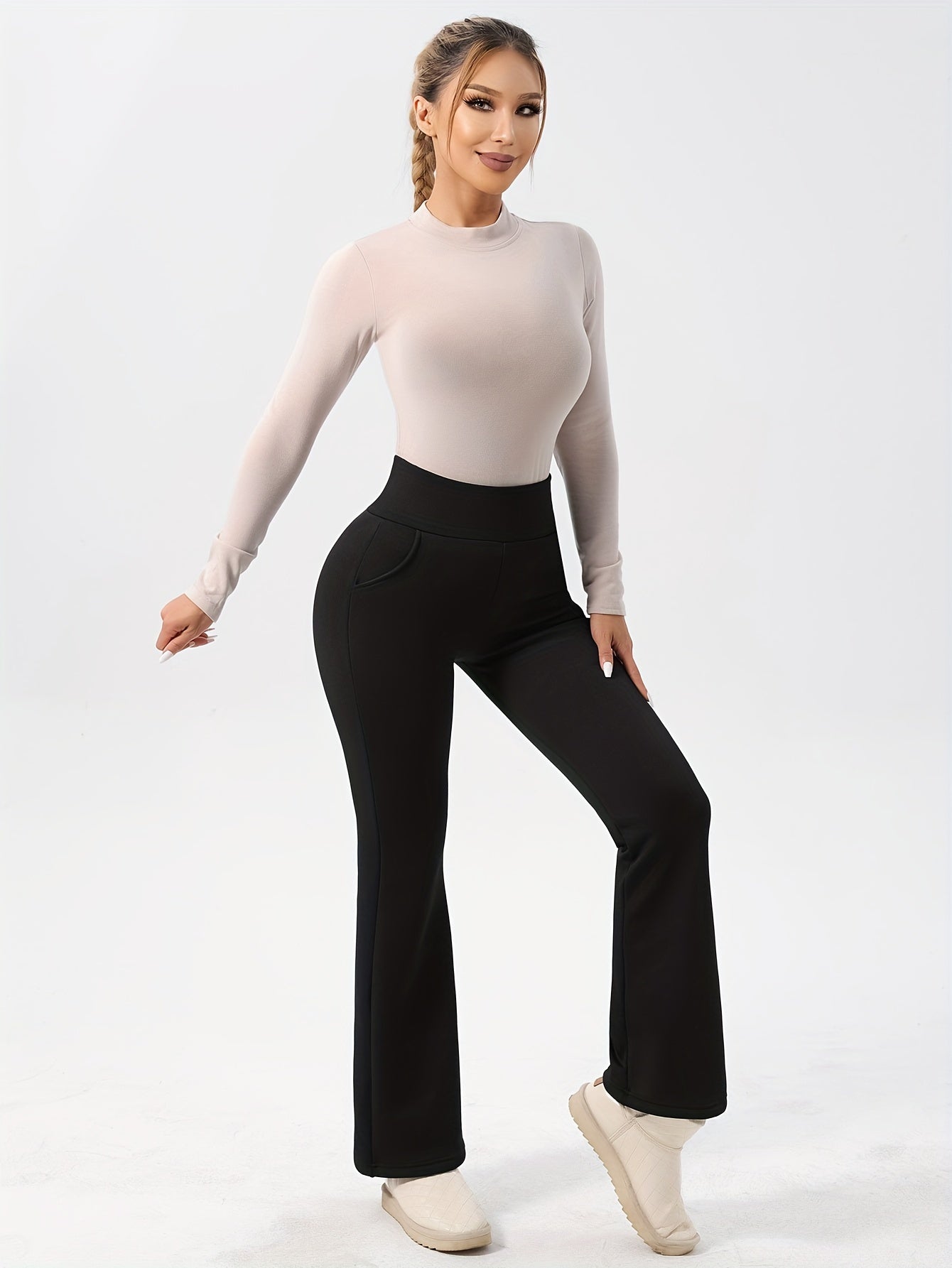 Fleece Yoga Bootcut Pants High Stretch Warm Running Leggings