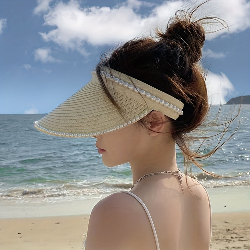 Faux Pearl Decor Visor Hat Solid UV Protection Straw Sun Hat