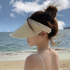 Faux Pearl Decor Visor Hat Solid UV Protection Straw Sun Hat