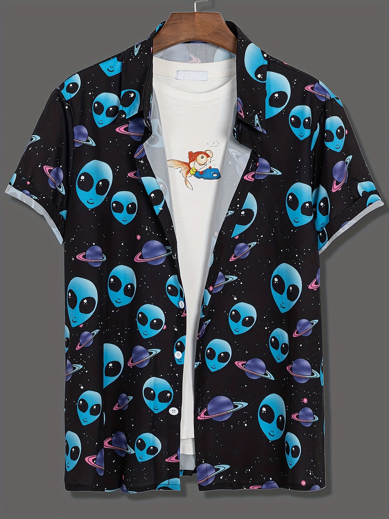 Alien Print Men's Short Sleeve Shirt for Summer Vacation