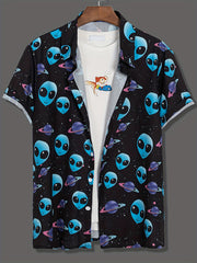 Alien Print Men's Short Sleeve Shirt for Summer Vacation