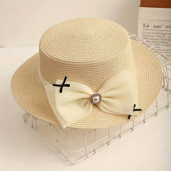 Mesh Bow Decor Sun Hat Flat Top Straw Fedora Solid Jazz Hat