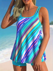 Colorful Stripe Tankini Set Scoop Neck Cami Top & Shorts Swimsuit