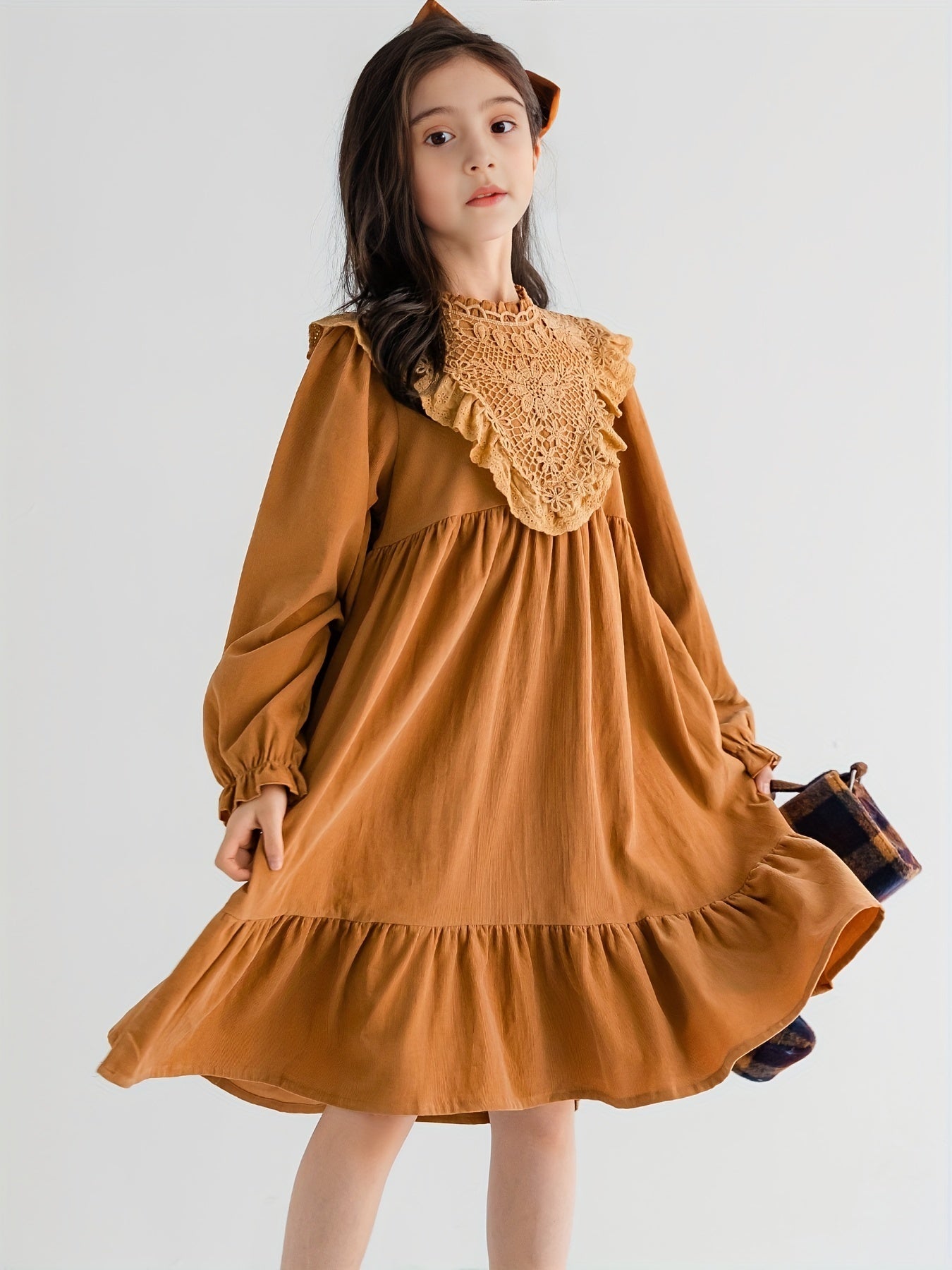 Girls' Solid Ruffle Trim Long Sleeve Dress For Christmas Party