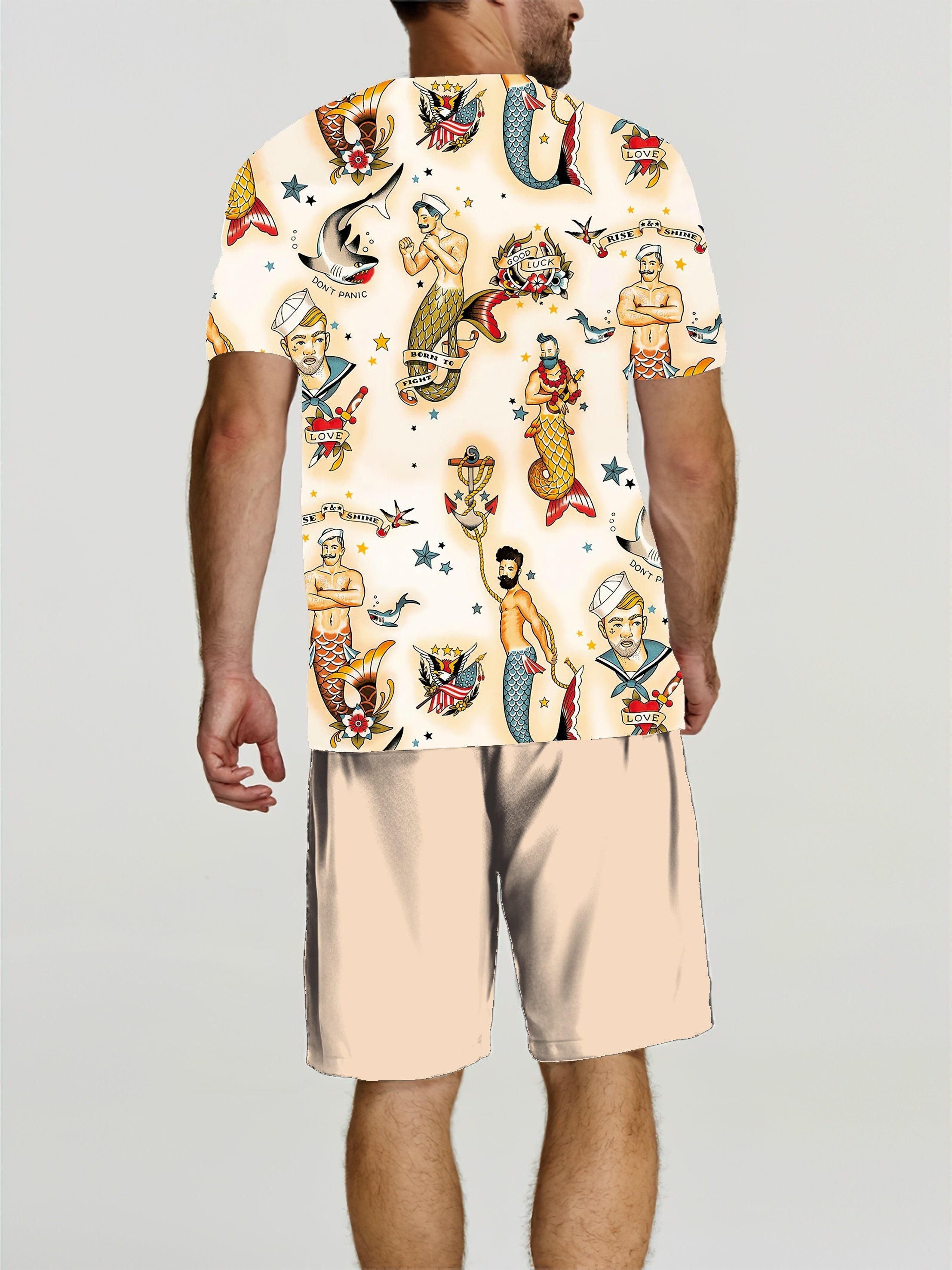 Merman Print Hawaii Shirt & Beach Shorts Set - Summer Outfit