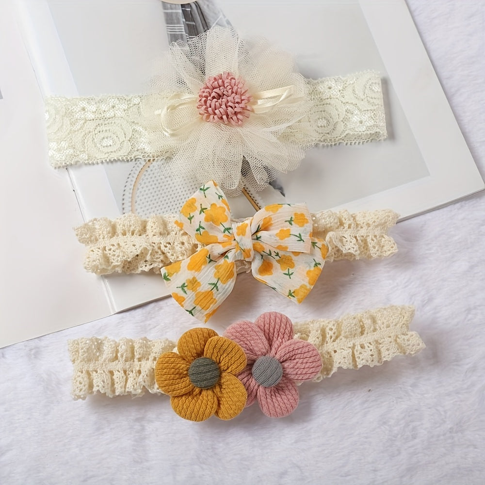 3pcs Baby Girls Lace Headband with Flower Bow Decoration Hair Accessories