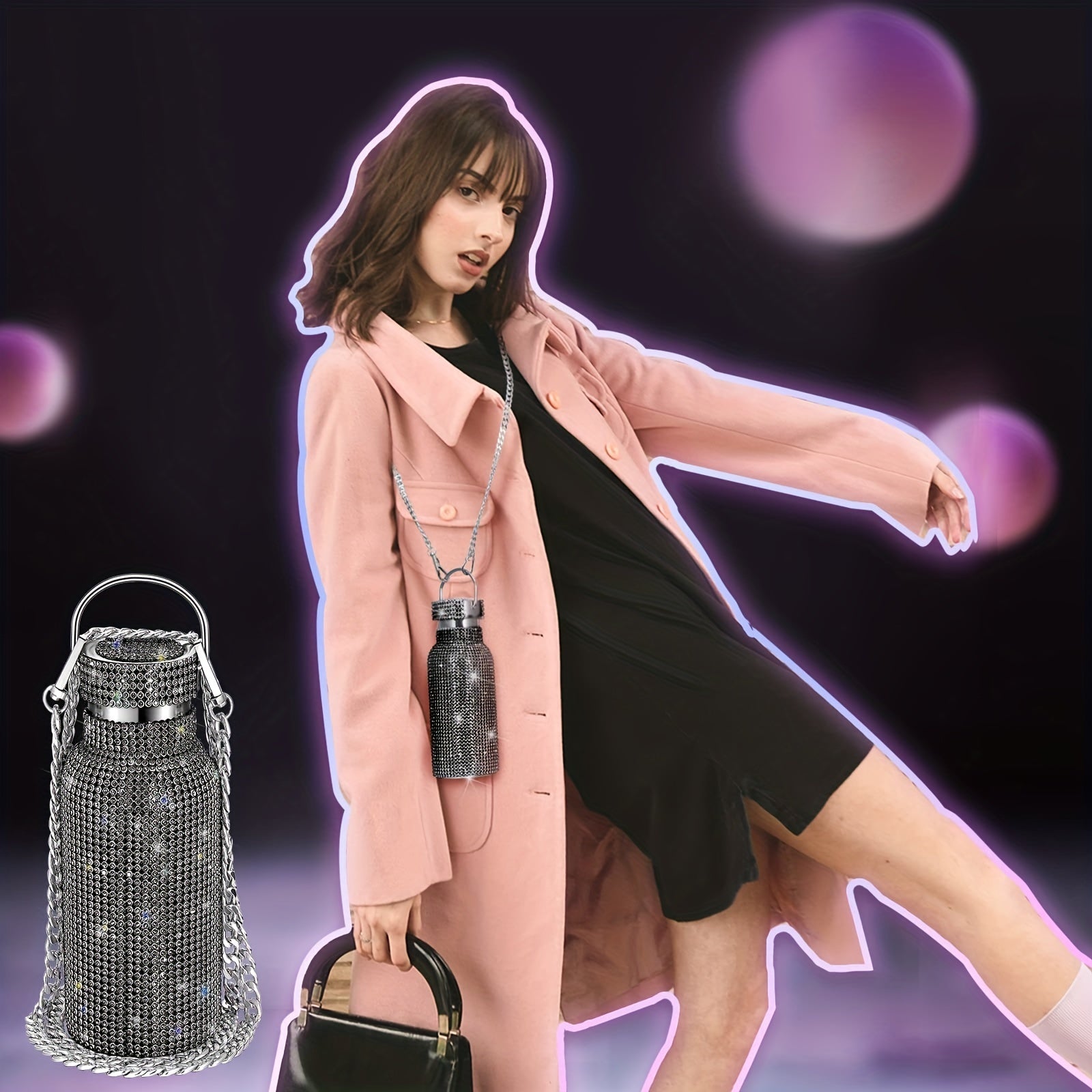 Rhinestone Stainless Steel Water Bottle with Chain
