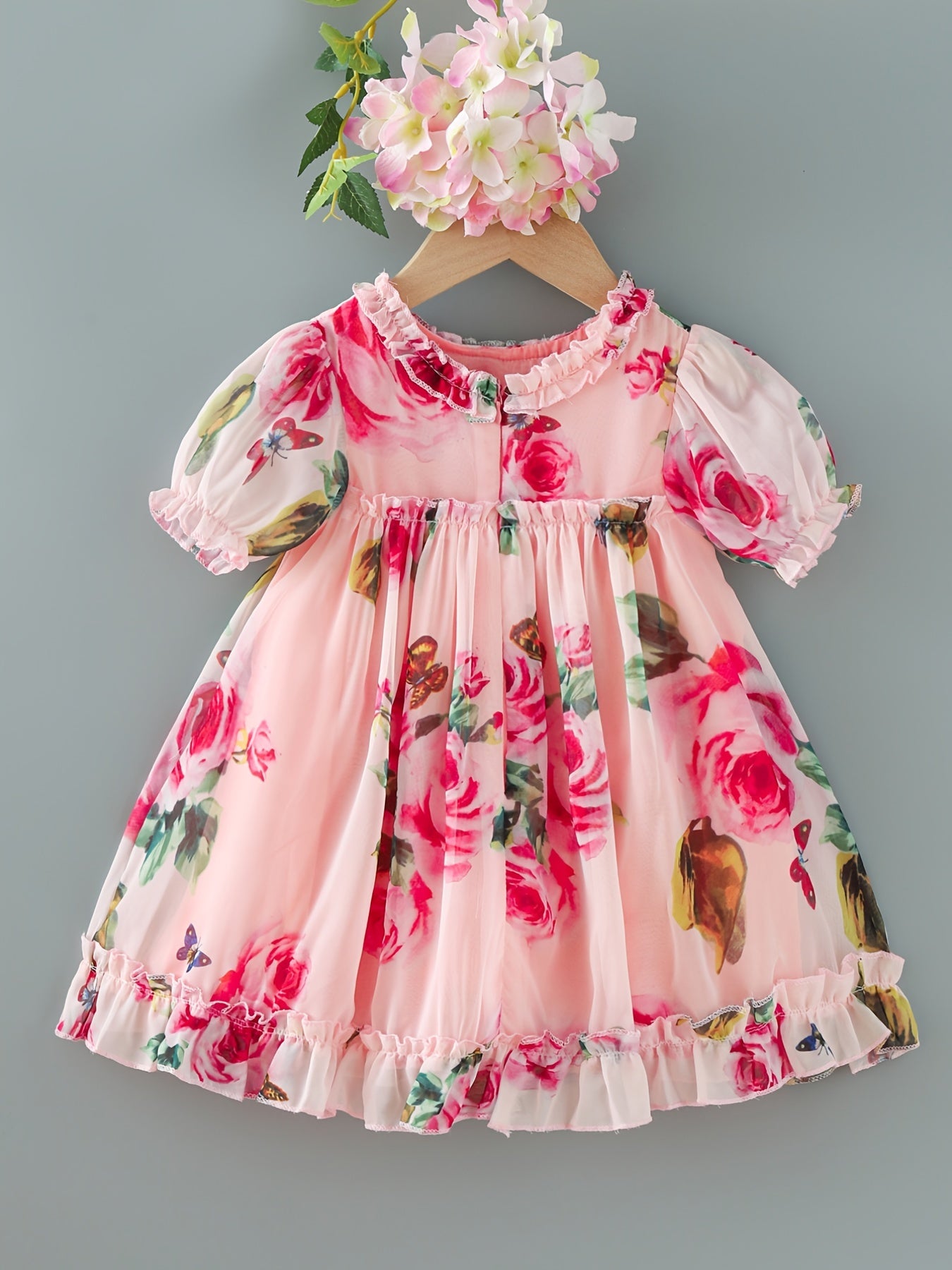 Baby Girls Rose Print Dress with Ruffle Sleeve for Summer