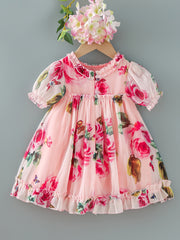 Baby Girls Rose Print Dress with Ruffle Sleeve for Summer
