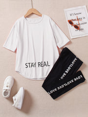 Girls STAY REAL Print Tracksuit Short Sleeve Tee & Track Pants Set