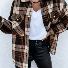 Brown Plaid Shirt Jacket Loose Casual Plaid Shacket For Spring & Fall