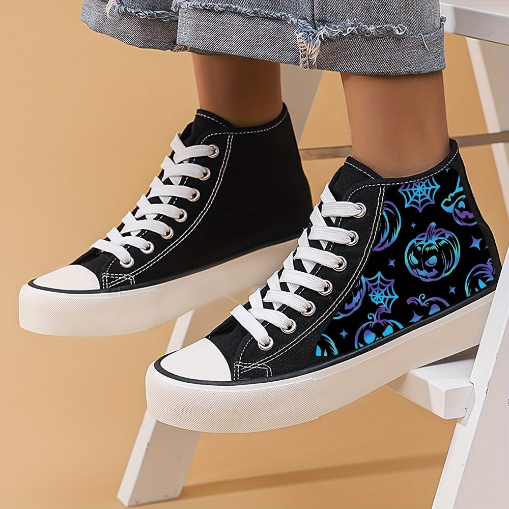 Colorful Pumpkin & Spider Net High Top Canvas Sneakers