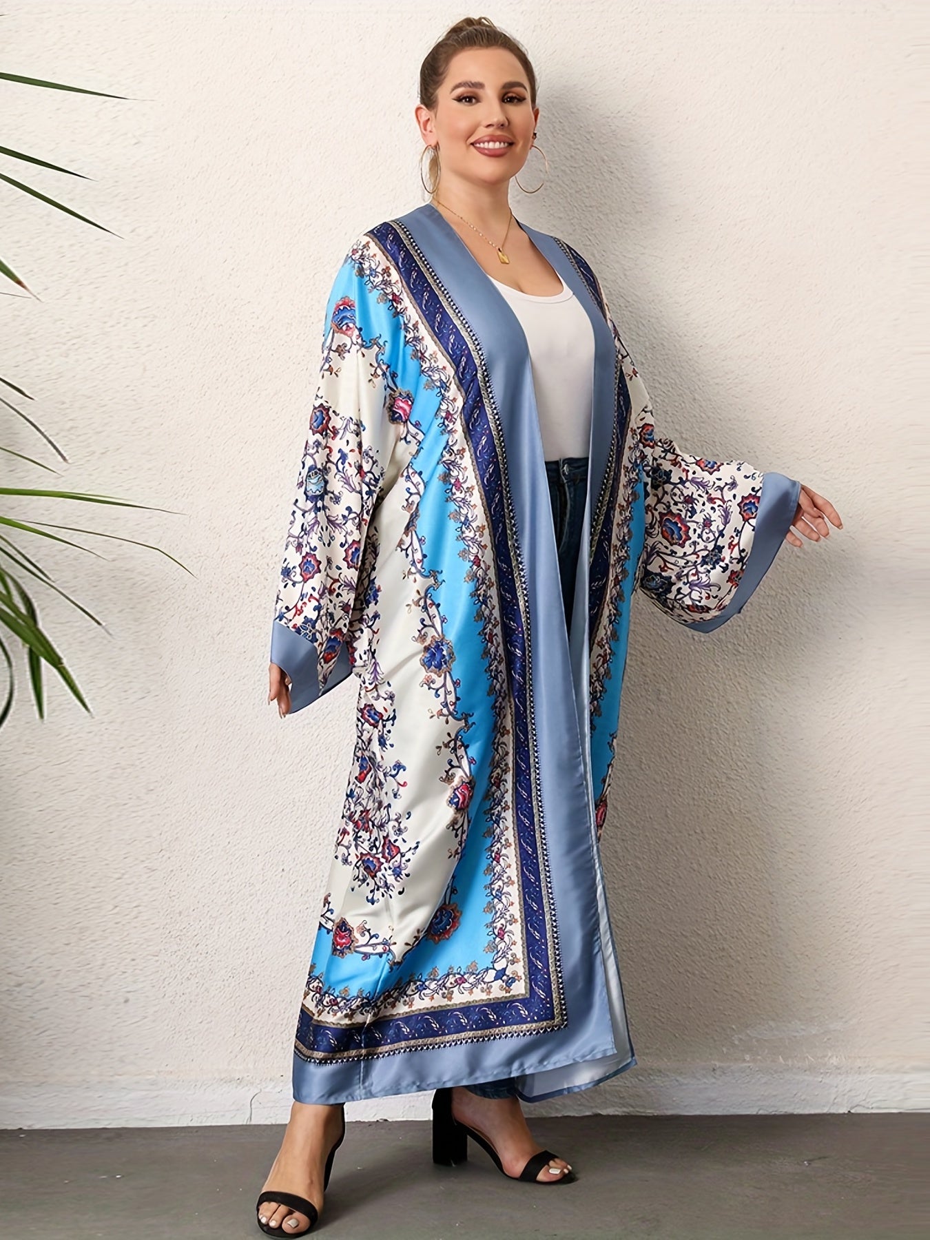 Boho Kimono Scarf Print Long Sleeve Maxi Kimono Cover Up