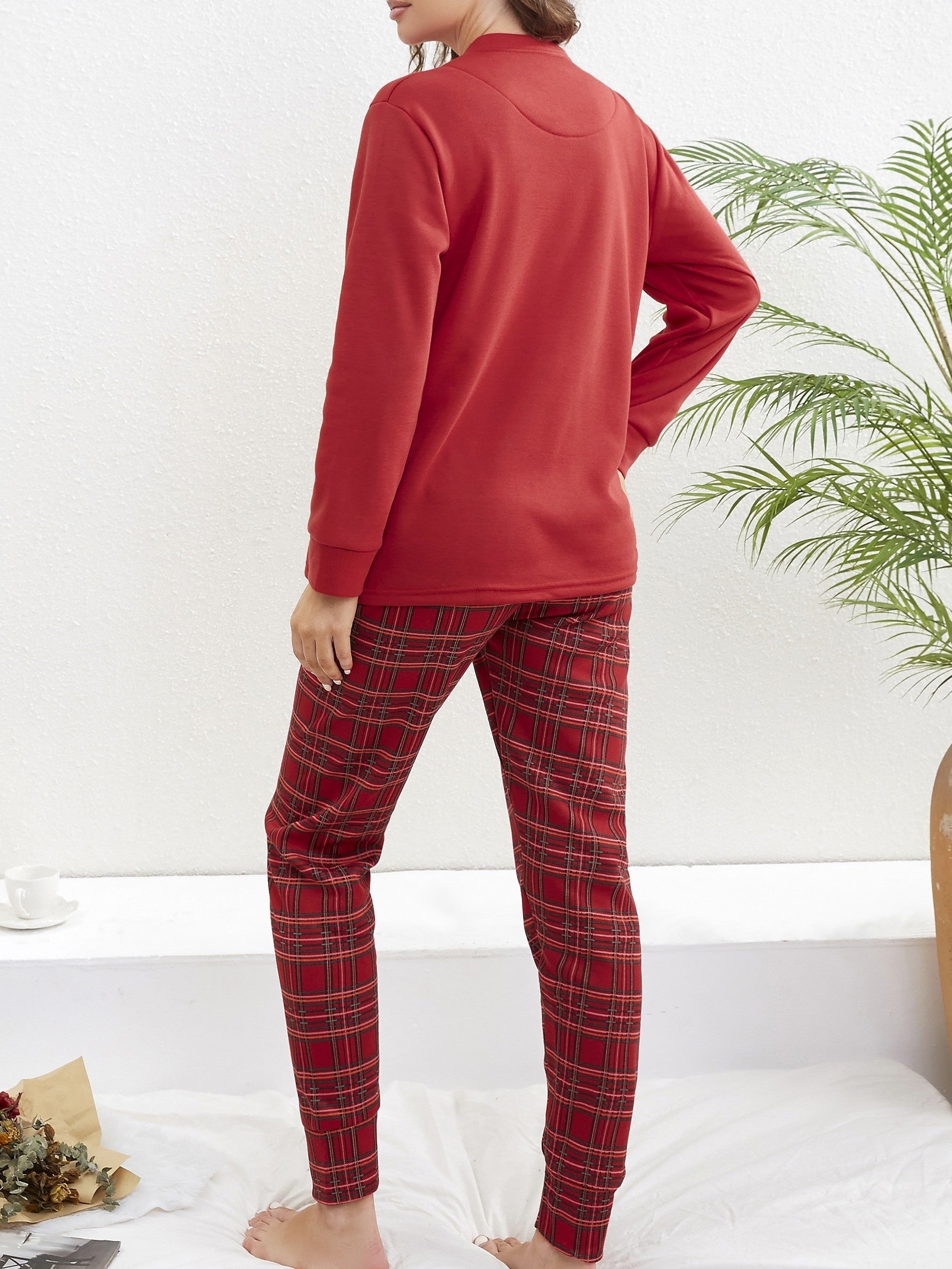 Christmas Print Pajama Set Long Sleeve Top & Plaid Pants