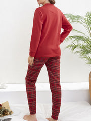 Christmas Print Pajama Set Long Sleeve Top & Plaid Pants