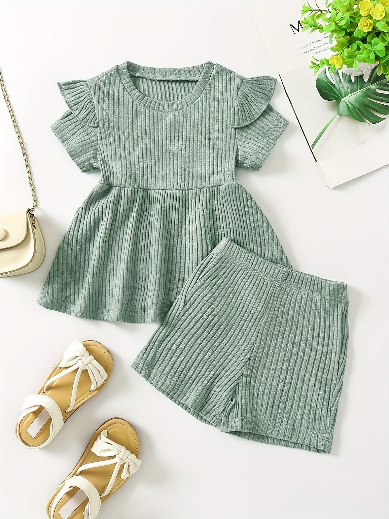 Girls Ribbed Peplum Top & Shorts Set for Summer