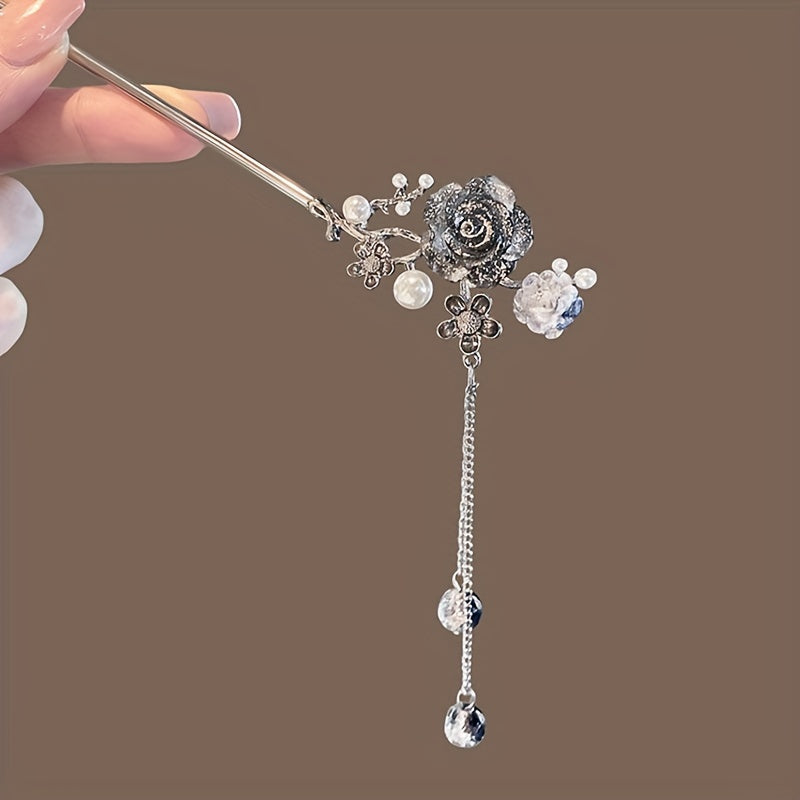 Vintage Ink Style Flower Hairpin with Tassel for Women Girls