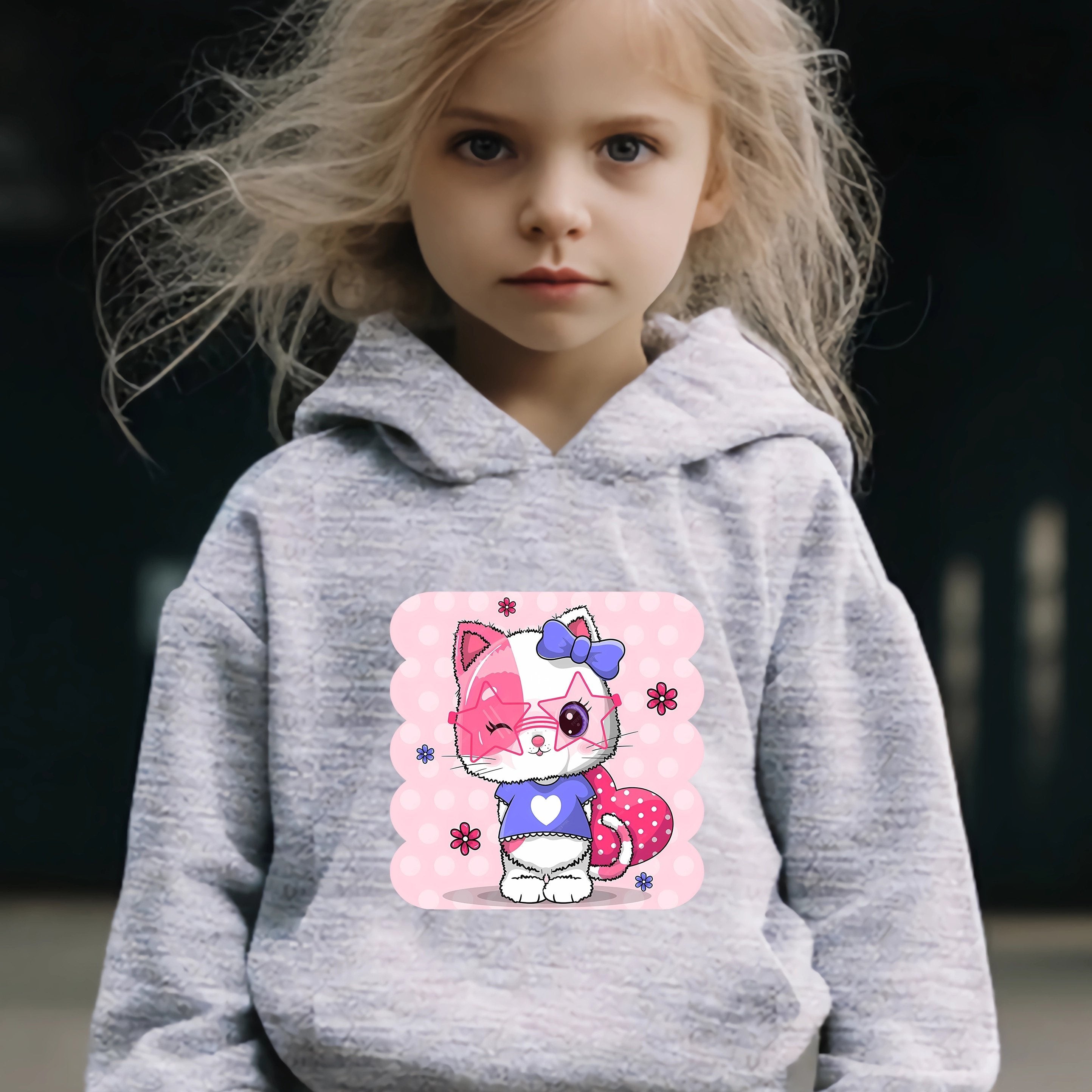 Girls Sweet Kitten Graphic 2pcs Set for Spring Fall Sports