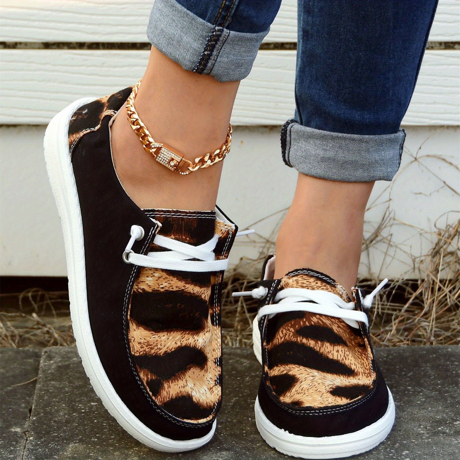 Leopard Print Boat Shoes Lace Up Low Top Casual Walking Shoes