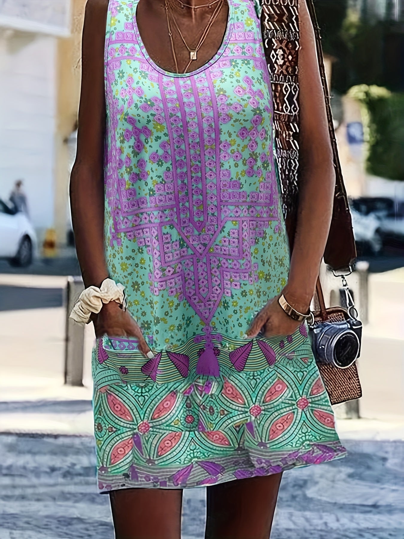 Floral Print Boho Tank Dress with Pockets