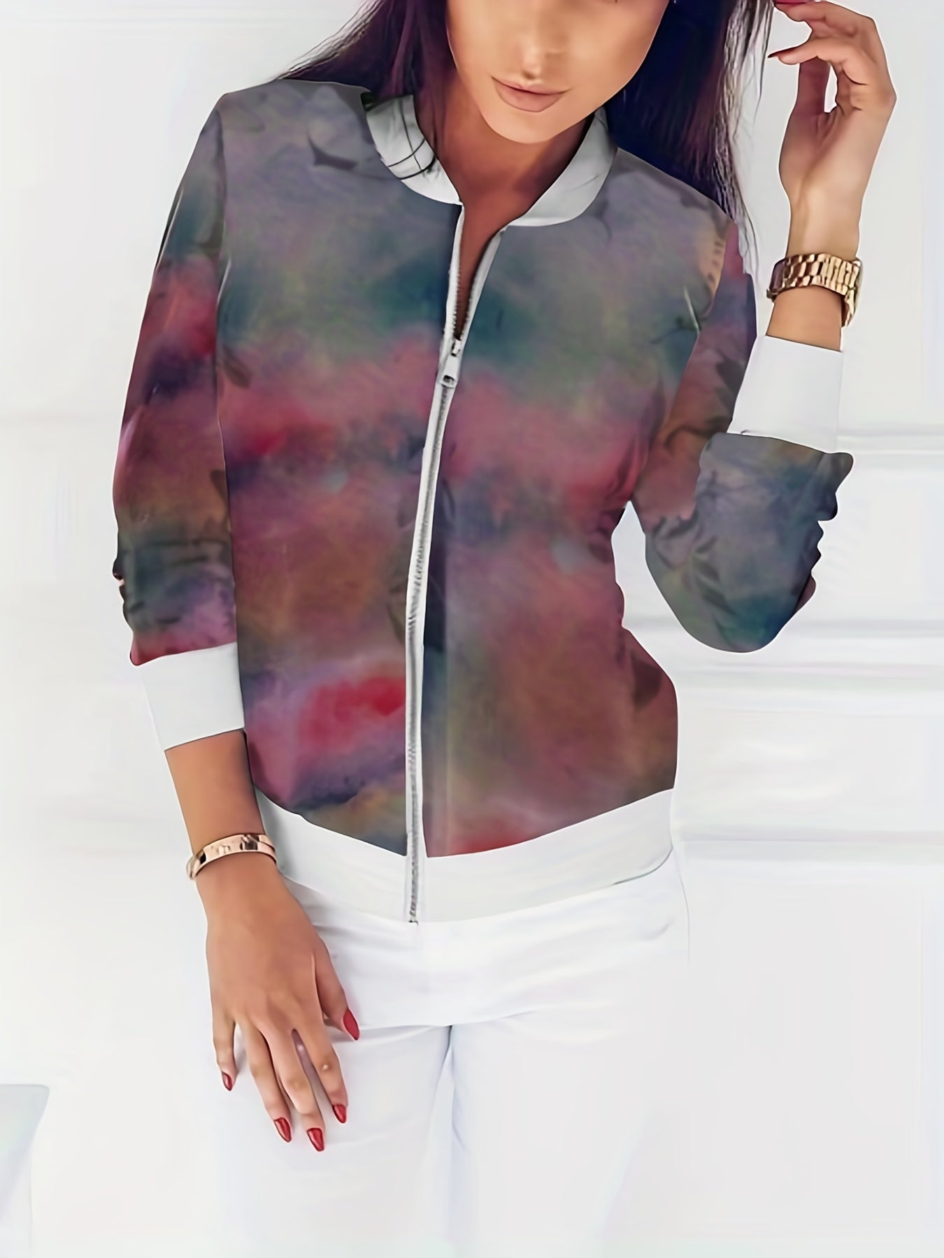 Floral Print Zipper Jacket Spring & Fall Women's Clothing